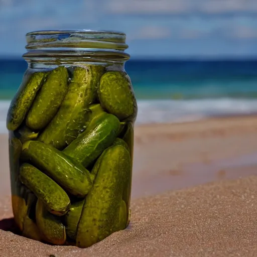 Prompt: a photo of jar of pickles on a sunny beach