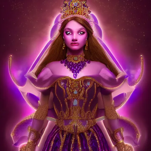 Prompt: portrait princess of amethyst, glowing, ornate and intricate purple jewelry, jaw dropping beauty, glowing background lighting, purple accent lighting, hyper detailed, fairy tale, 4 k octane render