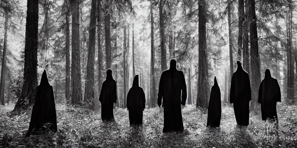 Prompt: a photograph of several tall dark evil figures in the deep California woods in the style of Alex Stoddard