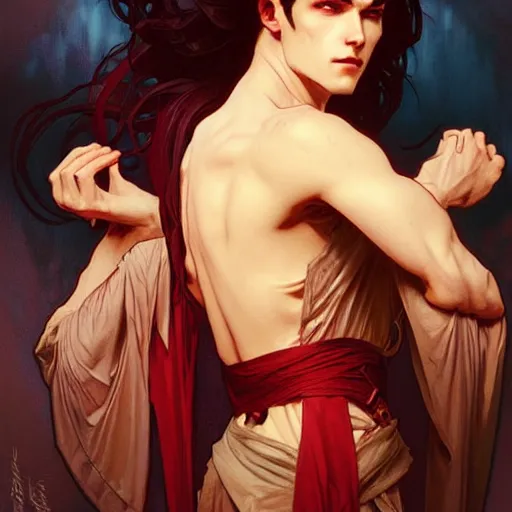 Image similar to attractive twenty first century male vampires beautiful eyes. highly detailed painting by artgerm and greg rutkowski and alphonse mucha 8 k