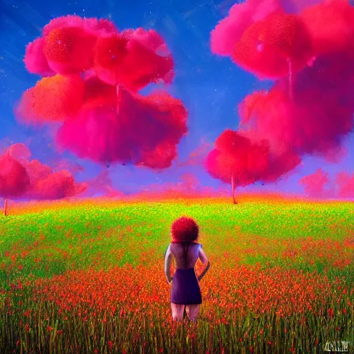 Image similar to giant red flower afro, full body, girl in the middle of a field with flowers, surreal photography, hills, sunrise dramatic light, impressionist painting, colorful clouds, digital painting, pointillism, artstation, simon stalenhag