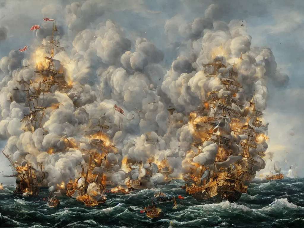 Image similar to An oil painting of a naval battle with cannons, highly detailed, intricate, 4k, masterpiece