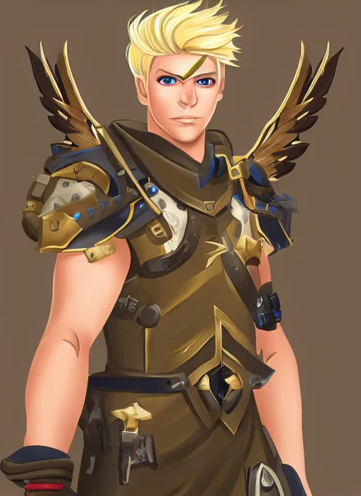 Image similar to concept art of a male blond angel military commander overwatch character