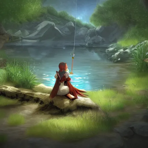 Image similar to ffxiv's y'shtola fishing in the forest at dawn, illustration, trending on art station