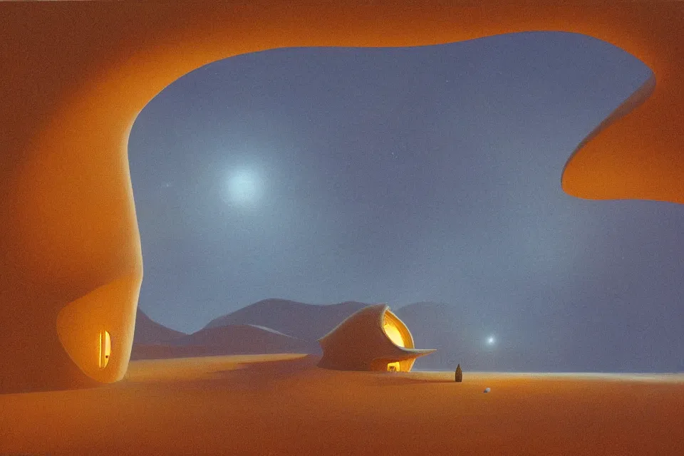 Image similar to sci fi landscape painting of snohetta architecture design of a seashell shaped house in the middle of the desert at night, painted by john harris and moebius