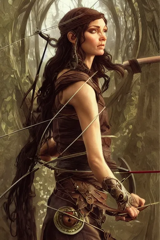 Image similar to portrait of a elven archer, dark, piercing eyes, gentle expression, elegant clothing, photorealistic, highly detailed, artstation, smooth, sharp focus, art by michael whelan, artgerm, greg rutkowski and alphonse mucha