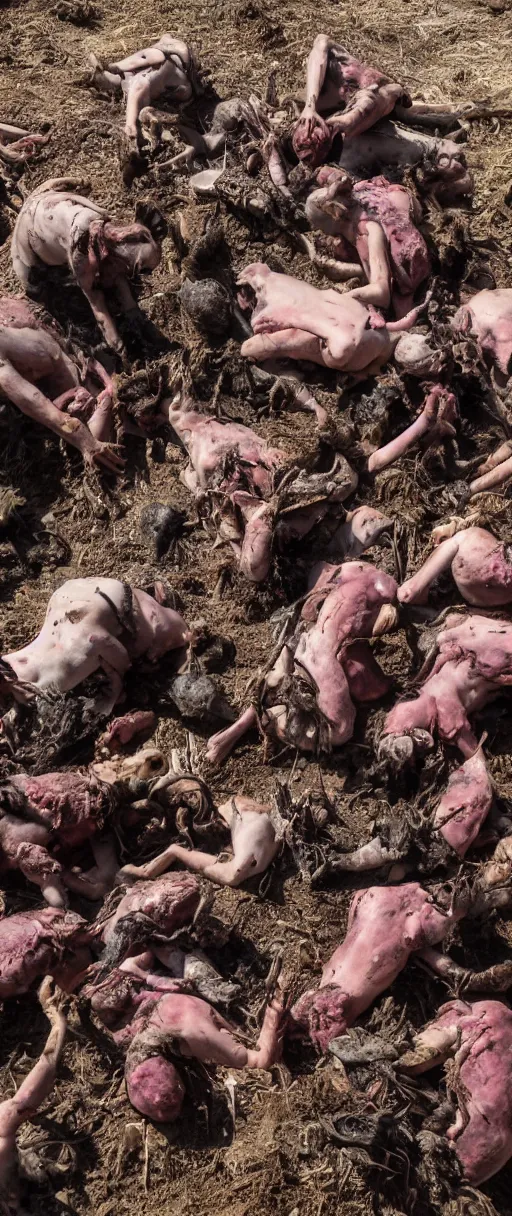 Prompt: an 8 k hdr photo of a dirty group of scraggy witches dancing in a ceremony with broken limbs and they're bent up and curled hunched over on the ground in a sick beast dirt hole lookin up shy at us hunched over a steaming pile of cockroaches and bones and scabs and blood and sausages and meat from a variety of animals