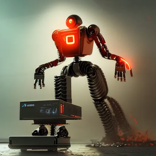 Image similar to terminator toaster oven robot, mechanical, machine, octane render, concept art, sharp focus, hyper - realistic, intricate, detailed, eduard pronin, luka mivsek, ruan jia, orange tint