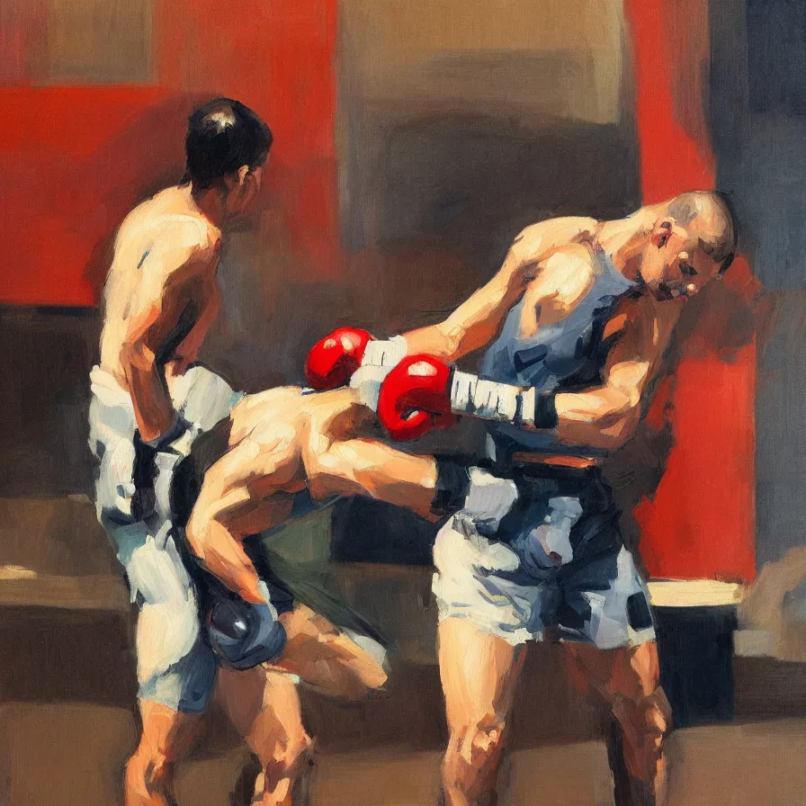 Prompt: a portrait of of boxing man, in the style of edward hopper, in the style of max ginsburg, realism, very small brushstrokes, cinematic lighting, moody, very aesthetic, boxing in an arena, big crowd in the back, flashing lights, 4 k,