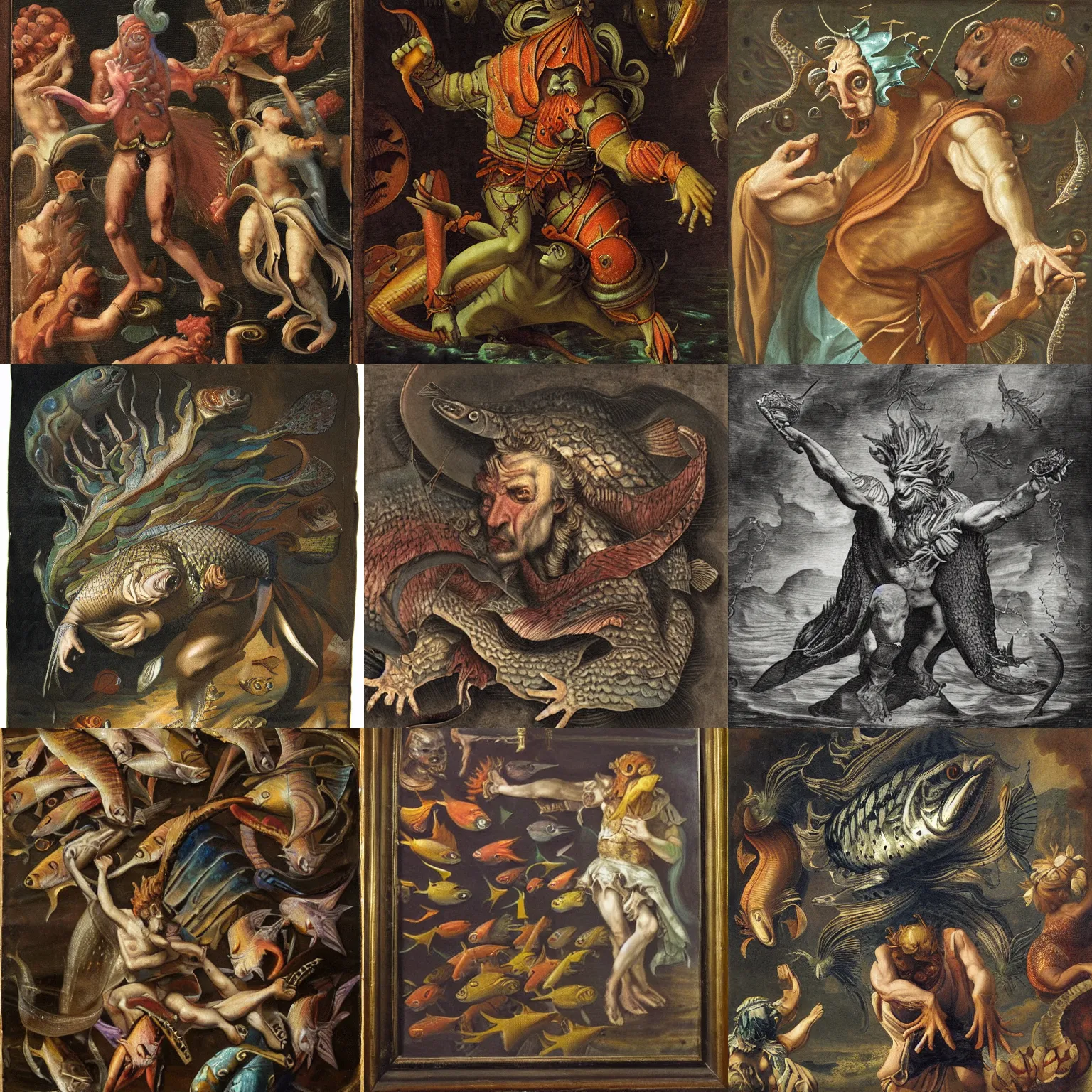 Prompt: fish man, baroque painting, furious, gills and scales