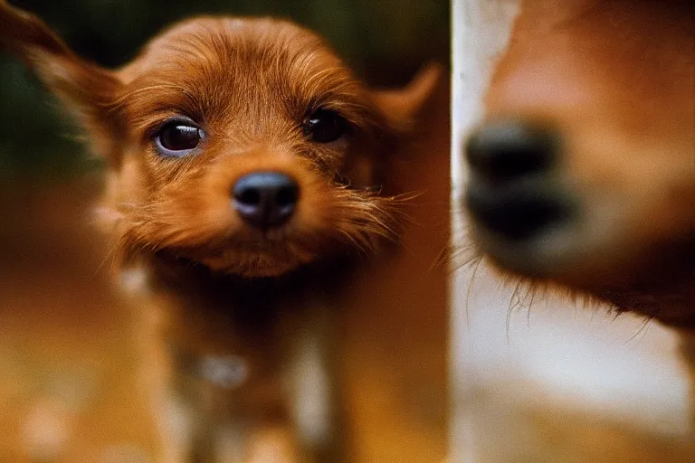 Prompt: closeup potrait of a small brown dog licking its nose in central park, natural light, sharp, detailed face, magazine, press, photo, Steve McCurry, David Lazar, Canon, Nikon, focus