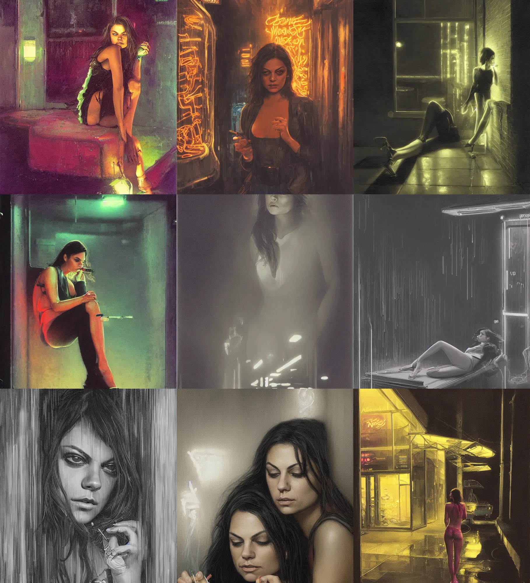Image similar to foggy neon night, mila kunis leaning back against a wall smoking a cigarette outside a neon lit entrance, 1 9 7 0 s, intricate, moody, tasteful, intimate, highly detailed, short focus depth, artgerm, donato giancola, joseph christian leyendecker