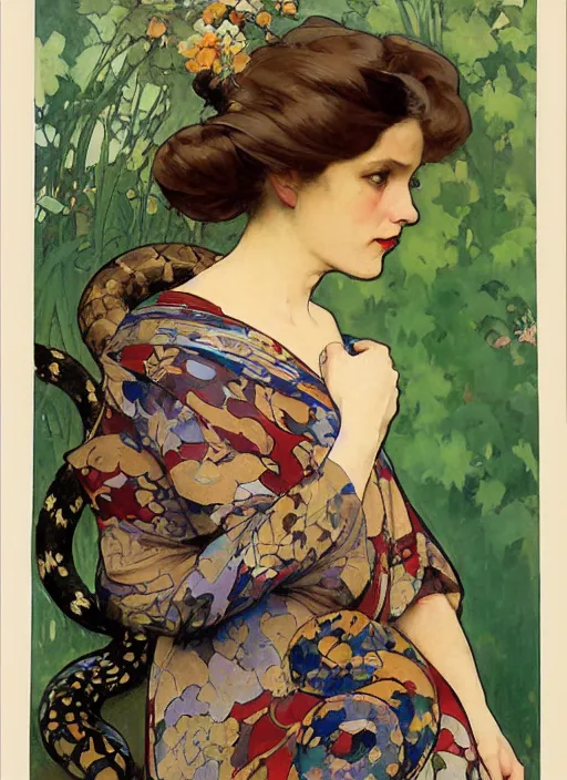 Prompt: an art nouveau copic maker portrait of a sad woman with big eyes wearing a snake kimono by john berkey by edward hopper, alphonse mucha, loish, norman rockwell