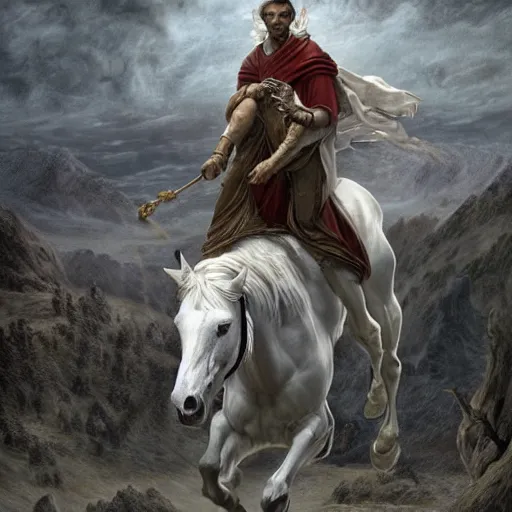 Image similar to a masterpiece!! matte painting of a handsome!! man riding on a majestic!! white horse with eyes like flames!!!, many crowns!! upon his head, a robe dipped in blood!, by gustav dore and paul barson, 8 k, uhd, trending on artstation, octanerender!!, crepuscular!!