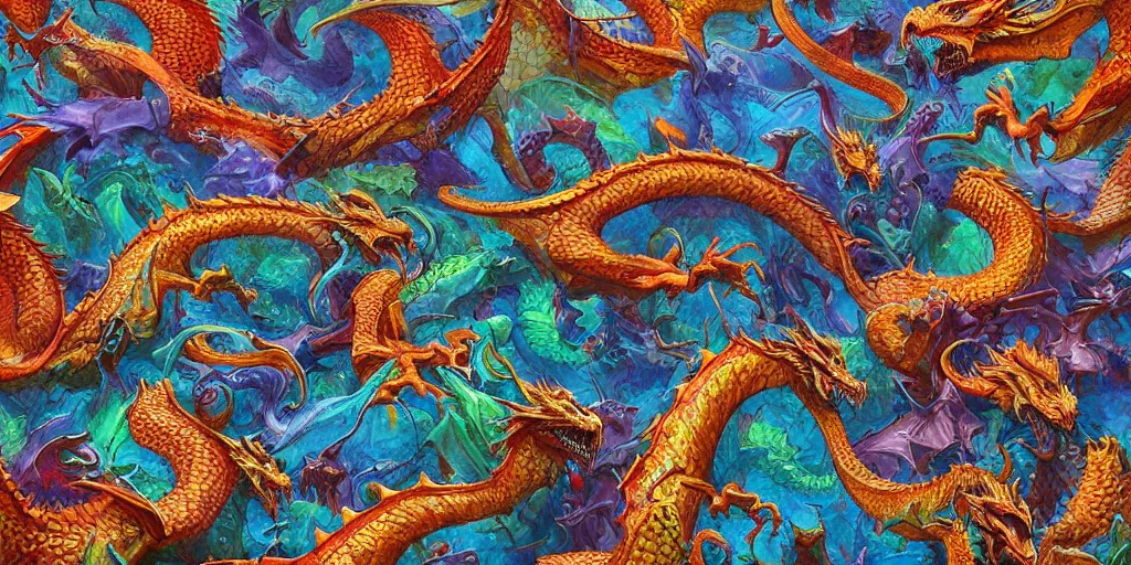 Prompt: a tessellation pattern of a thousand dragons, high quality digital painting, vibrant colors, sharp detail, artwork by ralph horsley and greg rutkowski