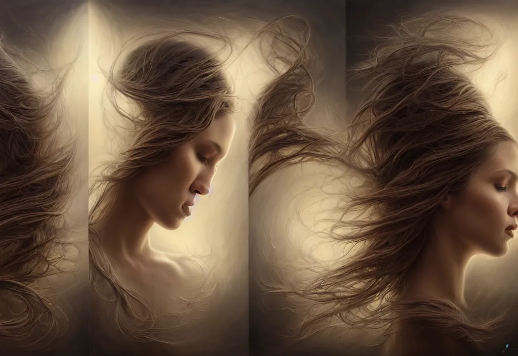 Image similar to picture split from the middle with an border, angels with different backroundsnon, intricate, elegant, highly detailed, realistic hair, centered, digital painting, art station, conceptual art, soft, sharp focus, illustration, artwork, artgerm, tomasz alen kopera, donato giancola, wlop, boris vallejo