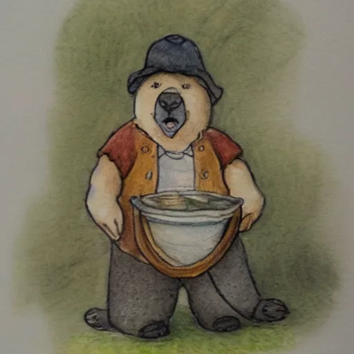 Prompt: a grumpy human man wearing a bear costume, holding a goldfish bowl. watercolour with pencil, in the style of beatrix potter.