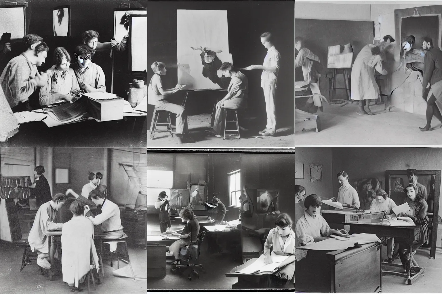 Prompt: Animators in studio animating a kiss cene with pencil and paper, 1920 photo