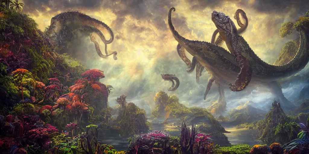 Image similar to fantasy oil painting, great leviathan, turtle cephalopod terrapin reptilian pachyderm amphibian hybrid, epic natural light, lush plants flowers, rainforest mountains, bright clouds, luminous sky, outer worlds, cinematic lighting, michael whelan, michael cheval, vray, 8 k hd