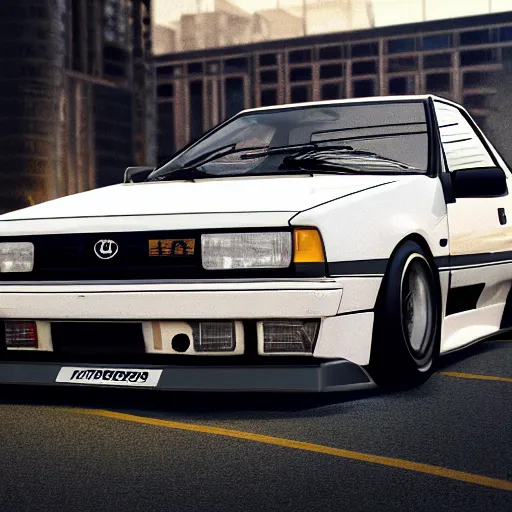 Image similar to Toyota Corolla AE86 as designed by Lamborghini, photorealistic, 4k, ultra hd, concept art, highly detailed, digital illustration, trending on artstation, award-winning, 5 stars