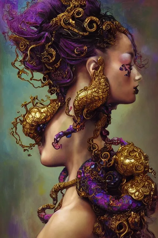 Prompt: an epic painting of a 19 years old girl figure, curly messy high bun hairstyle, whimsically designed oriental tattoos, subject wearing a gold and ruby alexander mcqueen medieval gown, flowing, ornate, beautiful, forbidden beauty, dramatic earth colors, with few vivid purple highlights, by Jeremy Mann, trending on Artstation, 80mm lens, rule of thirds, oil on canvas