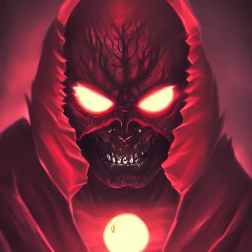 Image similar to dark lord looking into the camera, red glowing eyes, wearing black robe, white background, artstation