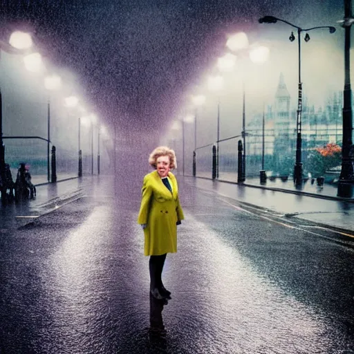 Image similar to margaret thatcher in rain rain rain drenched moist, hyper realistic cinematic color still volumetric lighting london background