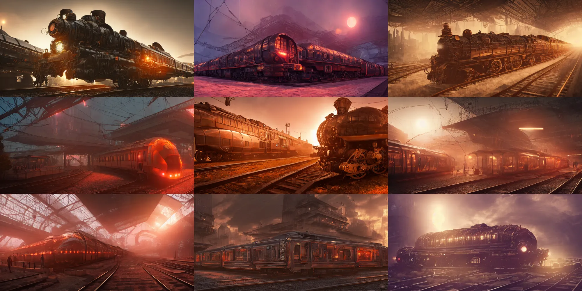 Prompt: futuristic steampunk train in railstation, stunning volumetric lighting, sundown, trending on Artstation, 8k, photorealistic, hyper detailed, unreal engine 5, cinematic, epic lighting, cryengine, octane render, cyberpunk, red and orange glow