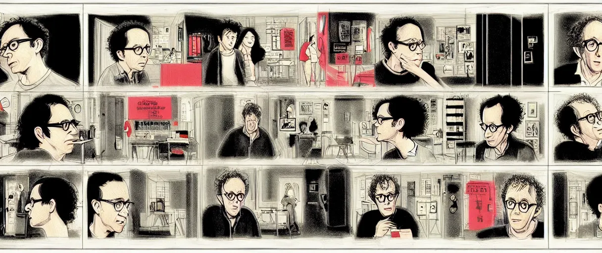 Image similar to character study of todd solondz mixed with charlie kaufman and woody allen | vivid colors : storyboard, dramatic and emotional, concept design, realistic. by gabriel hardman, joe alves, j. todd anderson, chris bonura. cinematic atmosphere, detailed and intricate, perfect anatomy