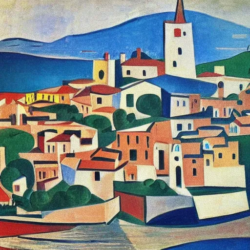 Prompt: painting of cadaques village by picasso