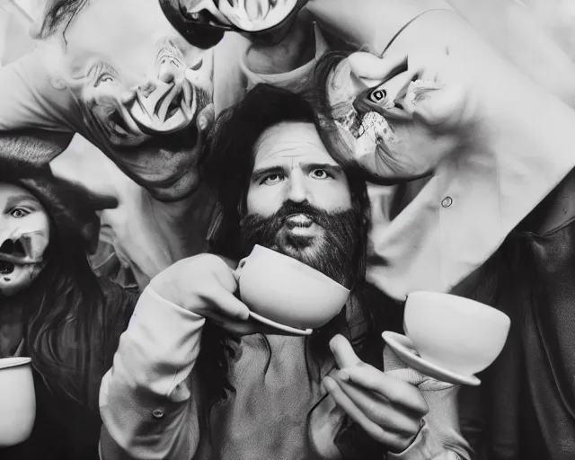 Prompt: incredible absurd surreal closeup photoshoot advertisement for coffee, people enjoying coffee in the style of tim walker and by terrence malick, people pouring coffee on each other, celebration of coffee products, faces of too much caffeine, vsco film grain