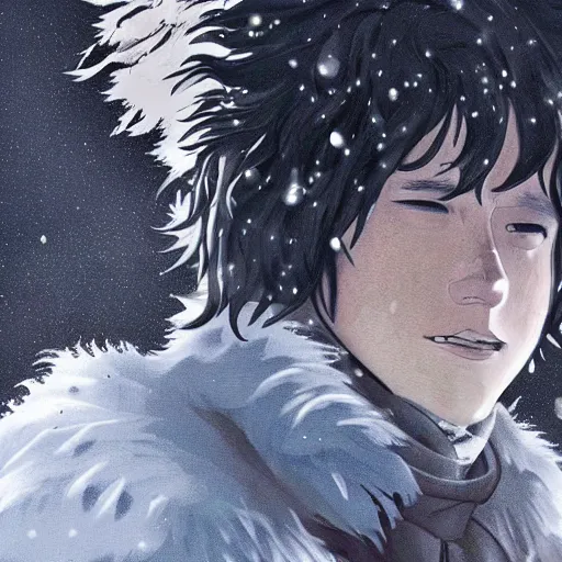 Image similar to john snow with Studio Ghibli art style, artstation hall of fame gallery, editors choice, #1 digital painting of all time, most beautiful image ever created, emotionally evocative, greatest art ever made, lifetime achievement magnum opus masterpiece, the most amazing breathtaking image with the deepest message ever painted, a thing of beauty beyond imagination or words