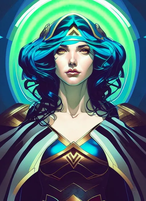 Prompt: style artgerm, joshua middleton, illustration, gal gadot as a high priestess wearing green pelt light armor, anime eyes, blue hair, swirling water cosmos, fantasy, dnd, cinematic lighting