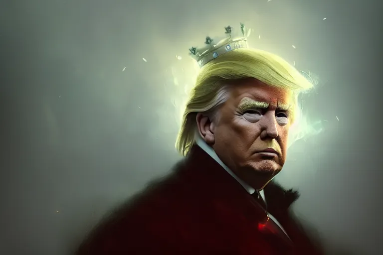 Image similar to Portrait of Donald Trump, dark makeup, dark crown with magical ruby, painting by Ivan Aivazovsky and Greg Rutkowski, artstation, fantasy, intricate, beautiful, cinematic, octane render, arnold render, 8k, hyper realism, detailed, sharp focus, 4k uhd, masterpiece, award winning