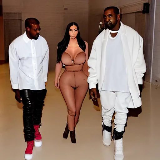 Image similar to kim kardashian standing in the middle of kanye west and pete davidson