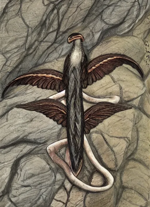 Image similar to Asp A winged snake with two trunks and a bird's beak. He lives high in the mountains and periodically makes devastating raids on villages. It gravitates towards rocks so much that it cannot even sit on damp ground - only on a stone. Asp is invulnerable to conventional weapons, it cannot be killed with a sword or arrow, but can only be burned. The name is from the Greek aspis, a poisonous snake