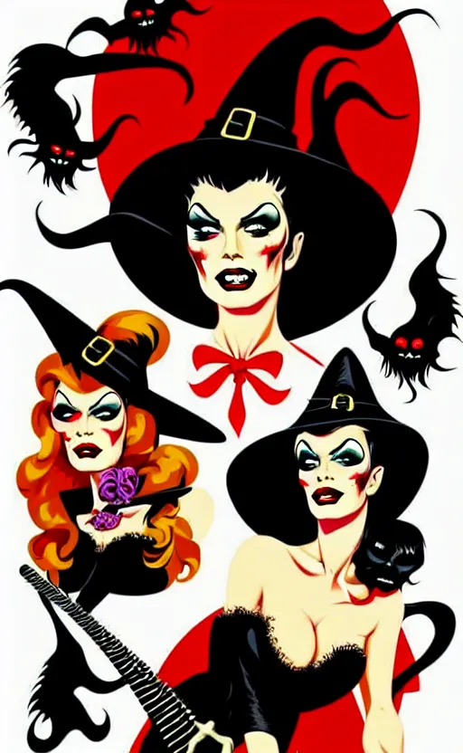 Prompt: witches, detailed faces, psychobilly, rockabilly, punk, full body, white background, vector art, illustration by frank frazetta