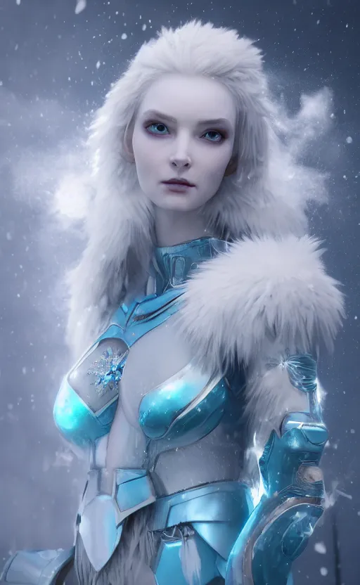 Image similar to ice goddess with beautiful face with a glowing blue crystal on her forehead, frosty white eyes, winter mist around her, white plated armor, pale skin, white smoke, photorealism, octane render, frostbite, 8 k, cinematic, 3 5 mm