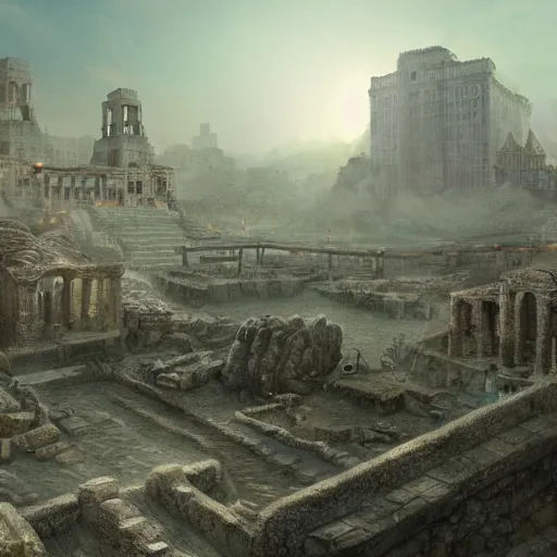 Image similar to A realistic detailed photo of an ancient city, rocks coming out of the ground, fire, dead peoples, destroyed city, foggy landscape, light particles, detailed light, realistic shaders, trending on artisation, detailed textures, detailed, realistic.