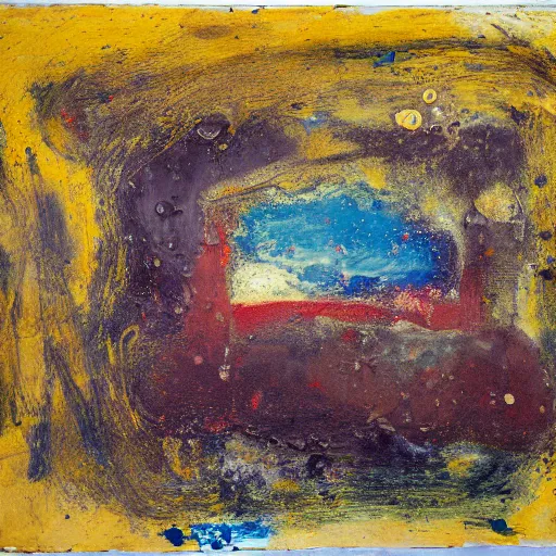 Image similar to oil paint impasto, deep under water, looking up, air bubbles, multi layered thick brush marks, some splattered paint, in the style frank auerbach and redon