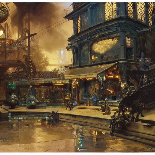 Prompt: painting of syd mead artlilery scifi fish tank with ornate metal work lands on a sidewalk, filigree ornaments, volumetric lights, andreas achenbach