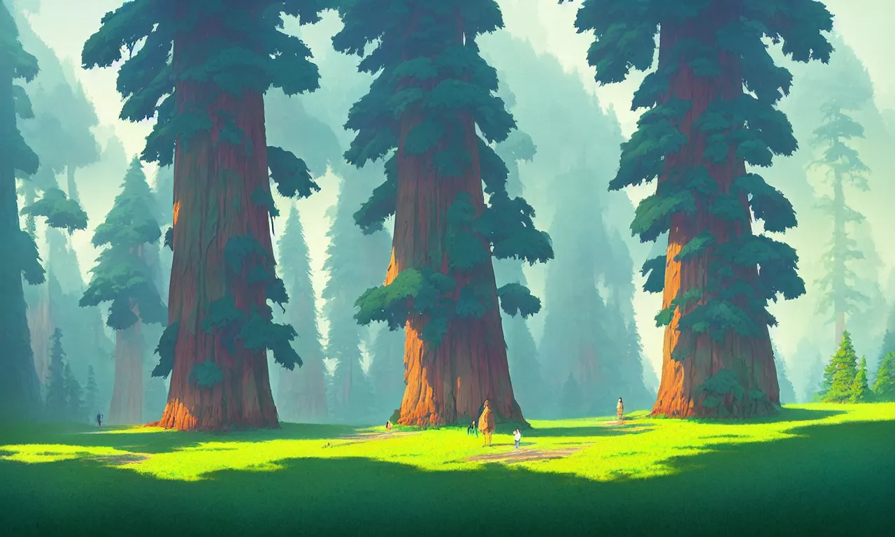 Image similar to Sequoia Park in a colorful moutain with beautiful trees , no people, morning, by studio ghibli painting, superior quality, masterpiece, traditional Japanese colors, by Grzegorz Rutkowski, concept art