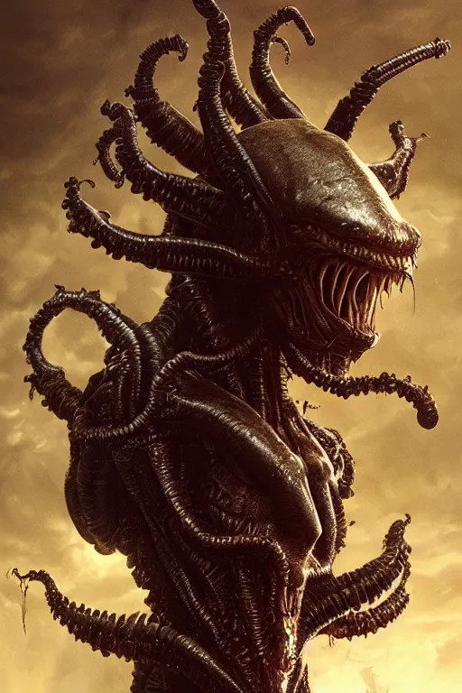 Image similar to portrait photo, alien god overlord, lovecraftian creature, dramatic lighting, cinematic, establishing shot, extremly high detail, foto realistic, cinematic lighting, post processed, concept art, artstation, matte painting, style by eddie mendoza, raphael lacoste, alex ross