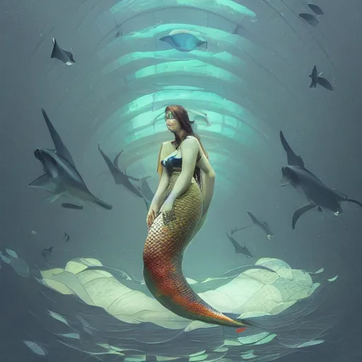 Prompt: shark mermaid, lower half traffic cone, full body, underwater background detailed atmospheric - ron cheng & alphonse mucha, highly detailed, digital painting, ray tracing, concept art, illustration, smooth sharp focus, intricate, symmetry, artstation,