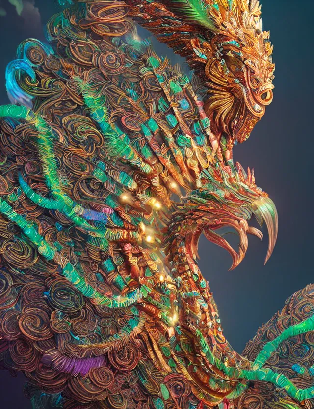 Image similar to goddess macro 3 / 4 profile portrait of quetzalcoatl. quetzal, feathers, bioluminiscent, creature, super intricate ornaments artwork by tooth wu and wlop and beeple and greg rutkowski