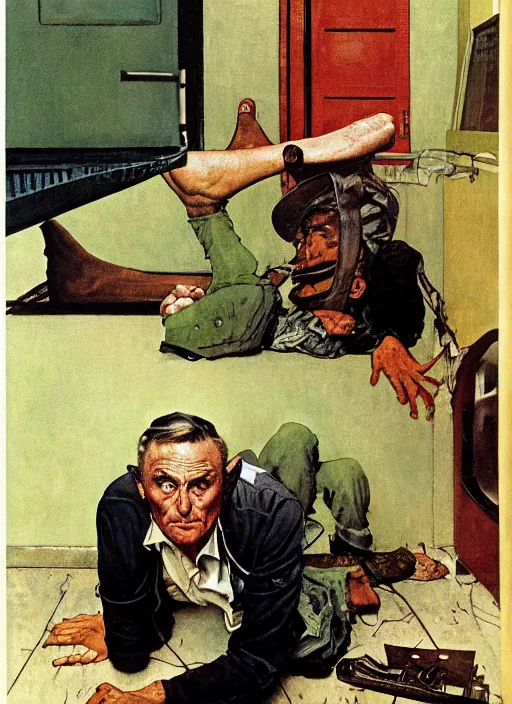 Image similar to dennis hopper crawling around on the floor of a dingy apartment, painted by norman rockwell and tom lovell and frank schoonover and everett raymond kinstler, green, dystopian