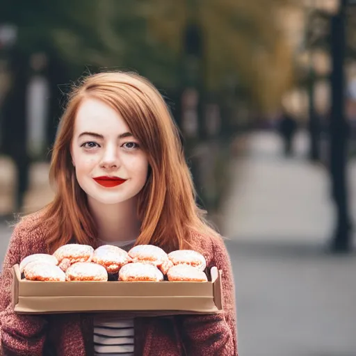 Prompt: photo of cute teenage emma stone, freckles, holding bunch of donuts, street of moscow, shallow depth of field, cinematic, 8 0 mm, f 1. 8