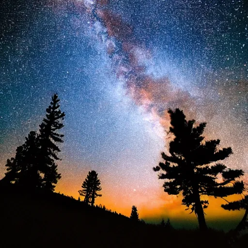 Prompt: silhouettes of pine trees in front of Milky Way galaxy, beautiful nature photography, Astrophotography, award winning