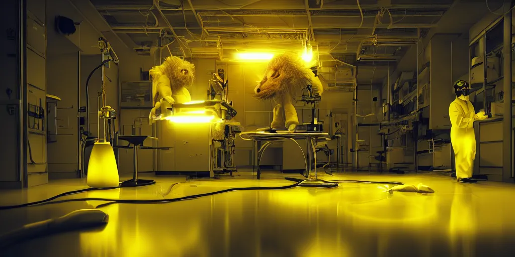 Prompt: hairy monster in laboratory clean room, photolithography, yellow artificial lighting, scary, photorealistic, 4k