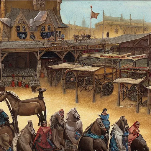 Image similar to a medieval horse market, by john howe